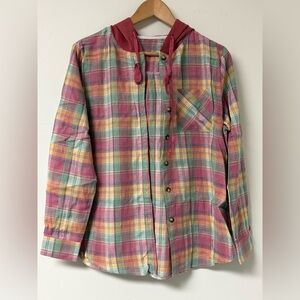 Pink Plaid Button-Up Shirt with Hood